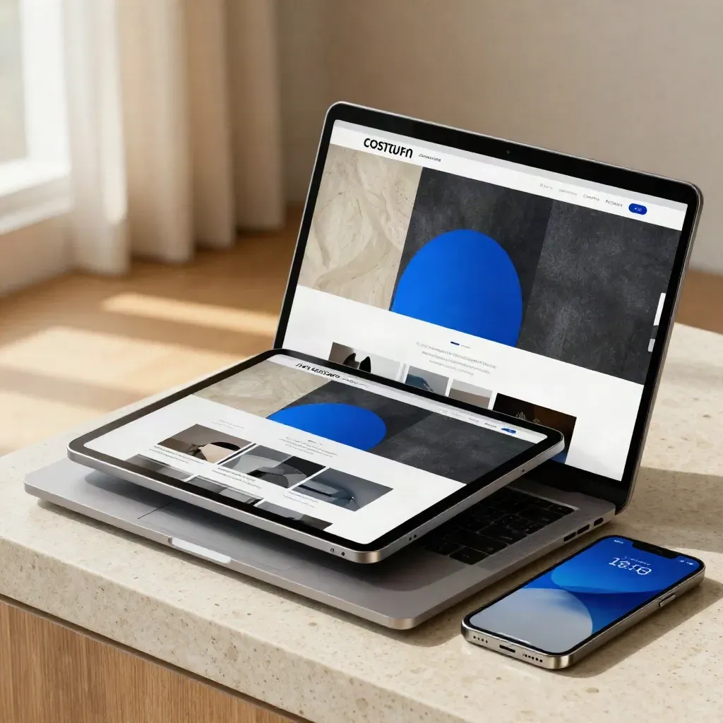 Sunlit trio of devices displaying a responsive portfolio website on a travertine plinth.