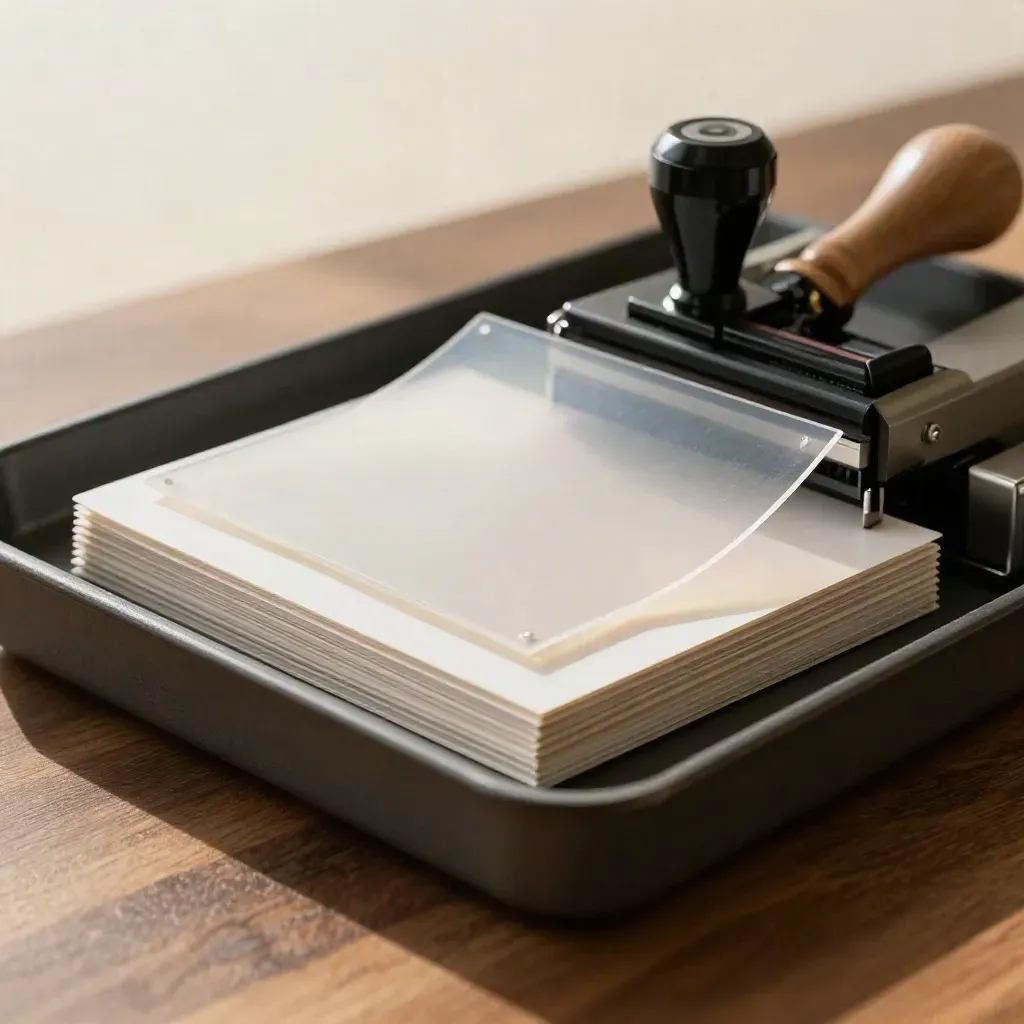 Acetate logo sheets, stamp blocks, and file sleeves in a charcoal tray