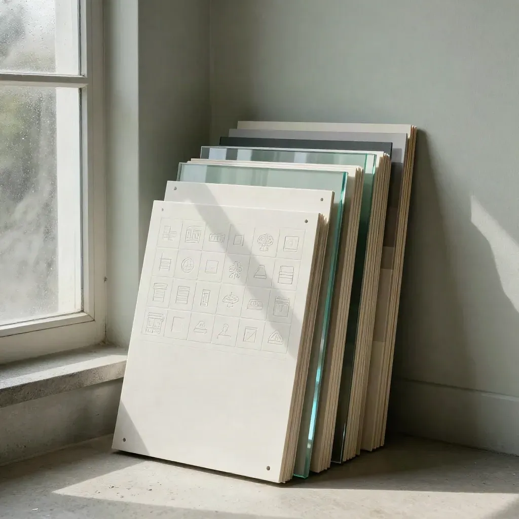 Low-angle studio wall of portfolio boards, swatches, and acrylic samples in rainlit haze.