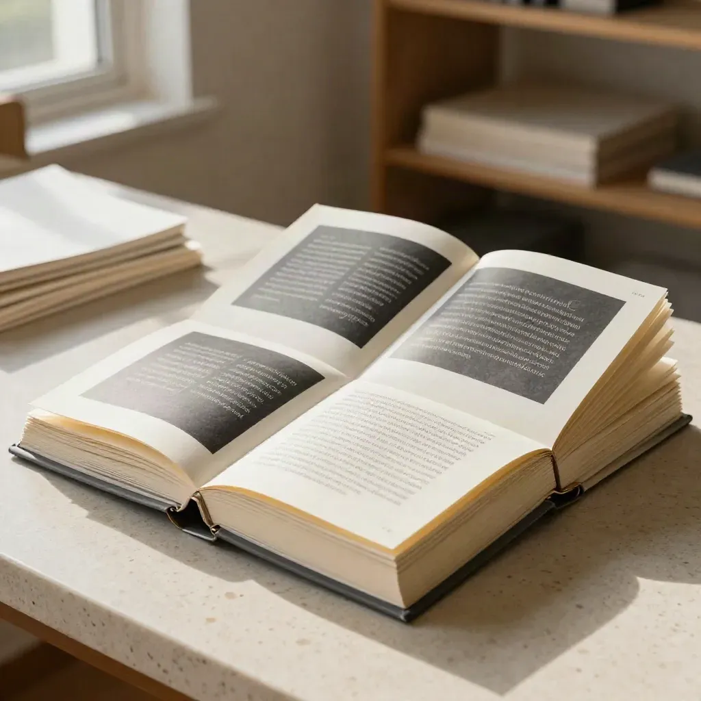 Open case-study spread on a travertine bench in warm window light