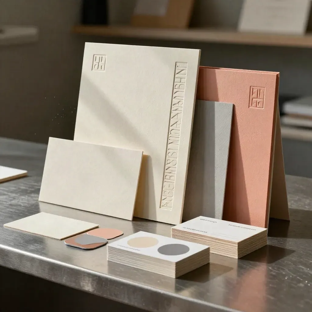 Extreme macro of ivory brand identity boards with coral edge-paint, paper swatches, and embossed mark studies.