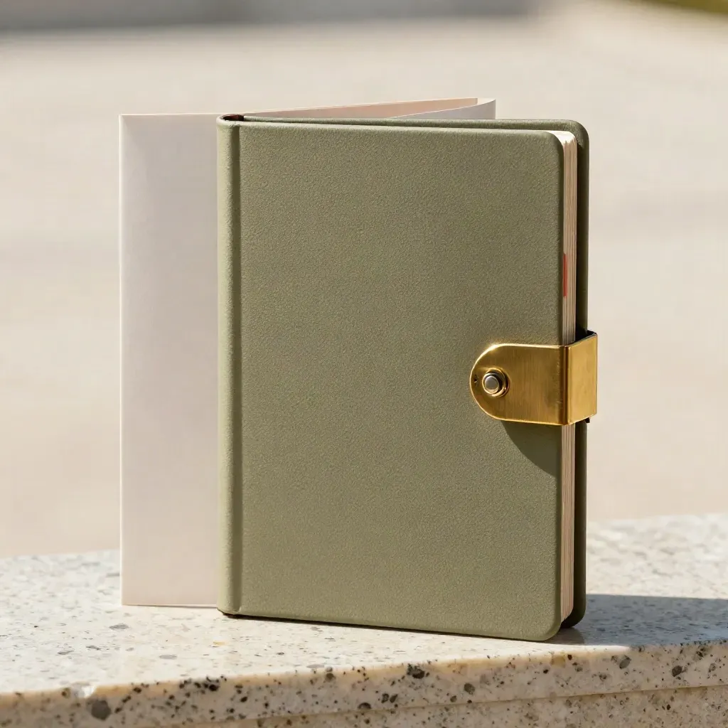 Squared pitch deck package with brass clip and coral tab on travertine, in soft daylight.