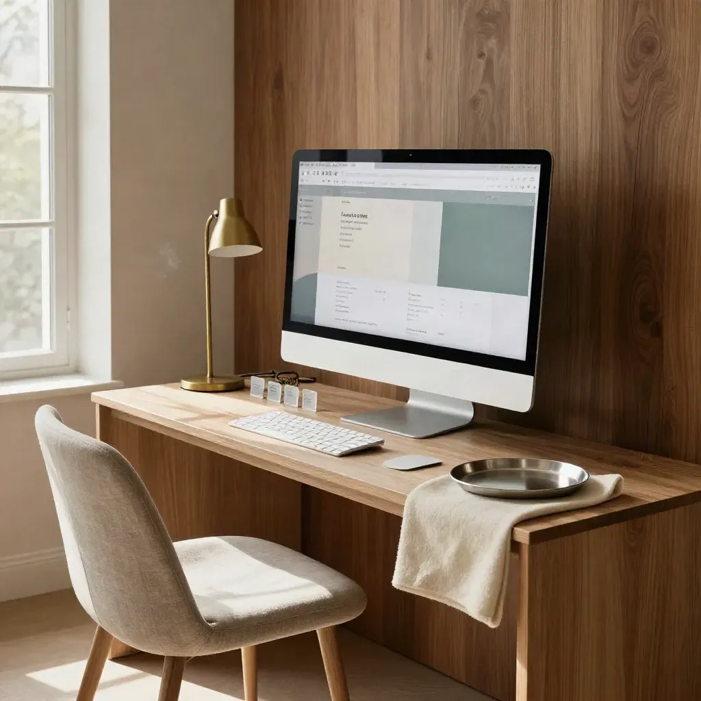 Angled display, pulled-back chair, three tokens, and lamp in a warm studio corner