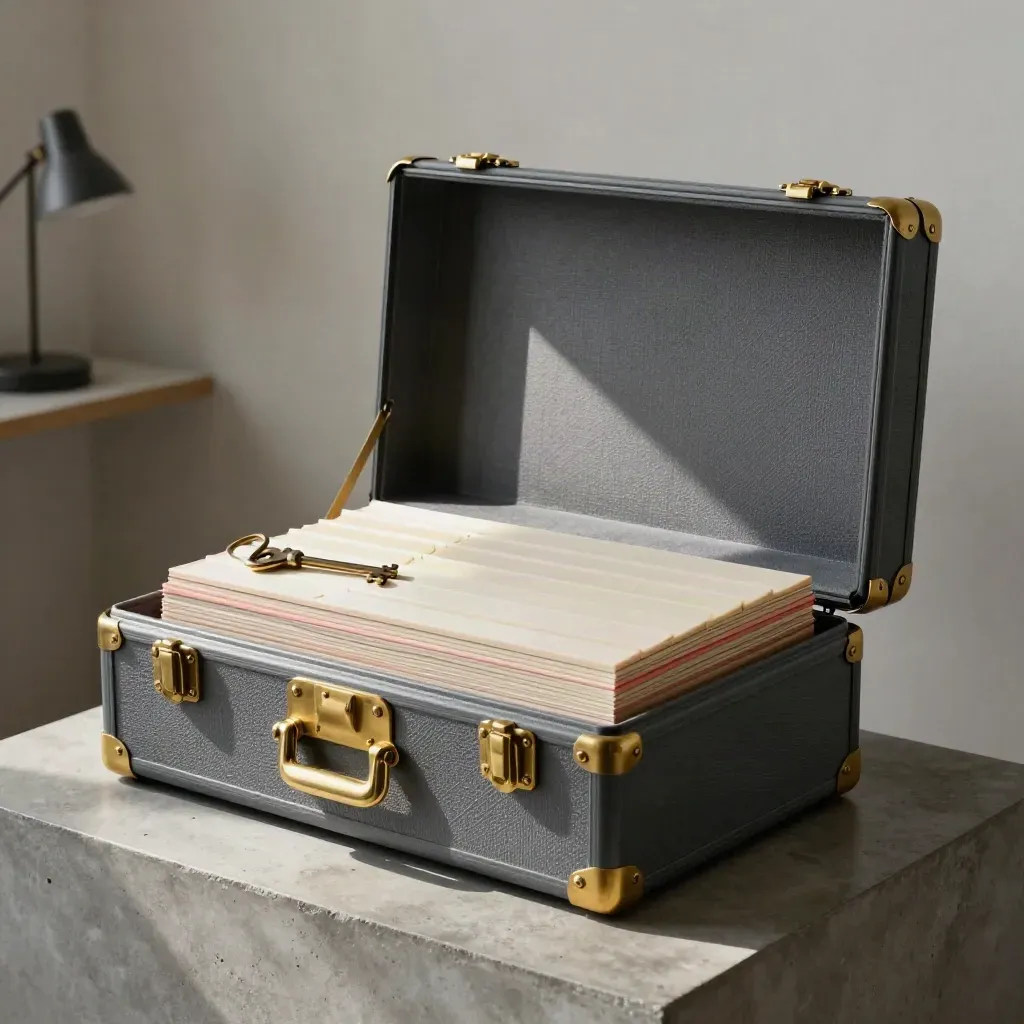 Opened seed-deck case with fanned investor boards, brass latch and task lamp on a concrete plinth.