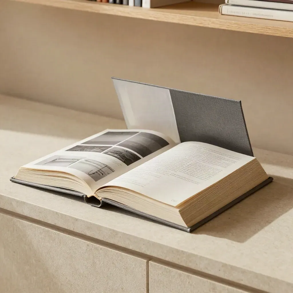 Open case-study book with modular spreads and proof tabs on a pale stone ledge.