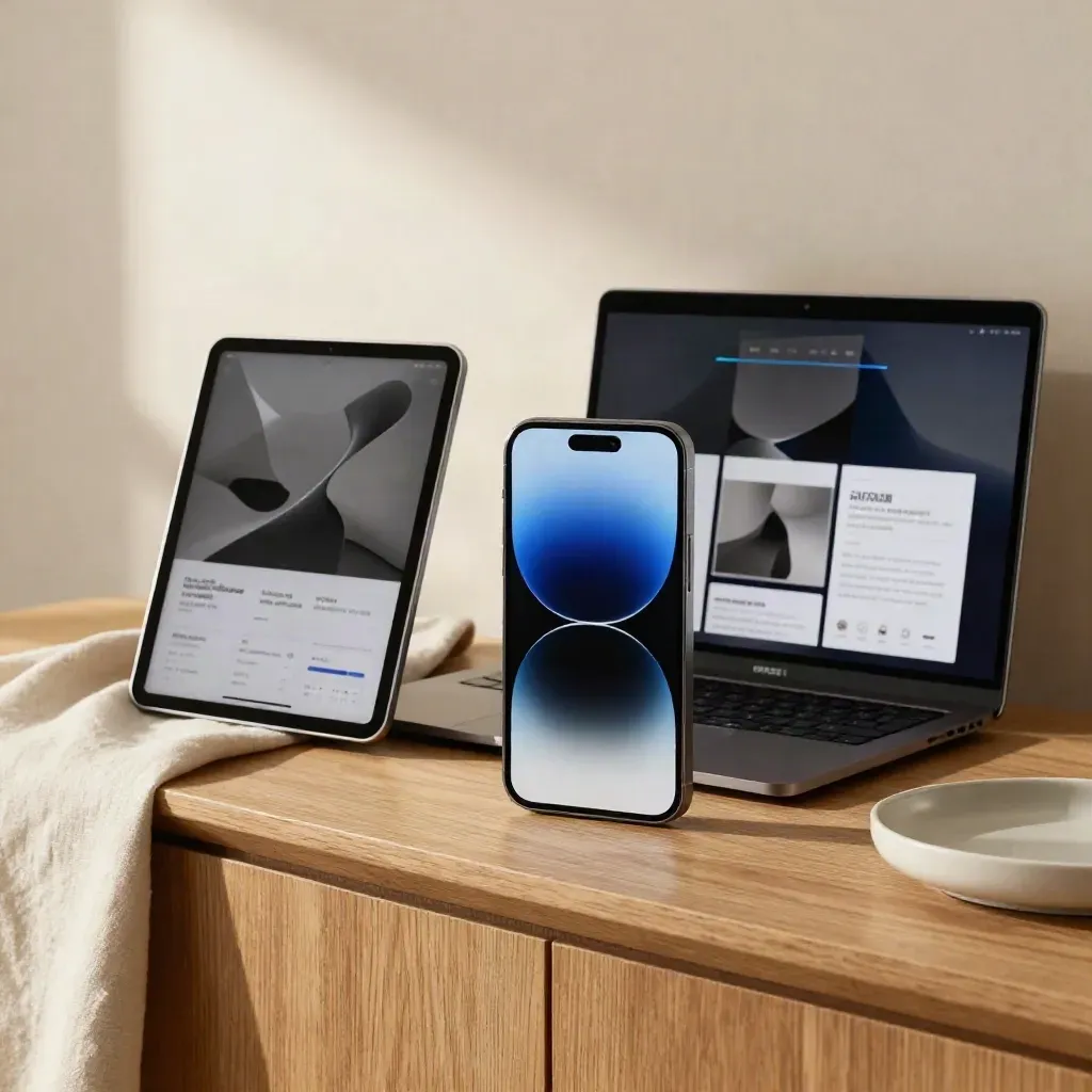 Phone, tablet, and laptop showing a portfolio site with blue accents on a warm studio surface.