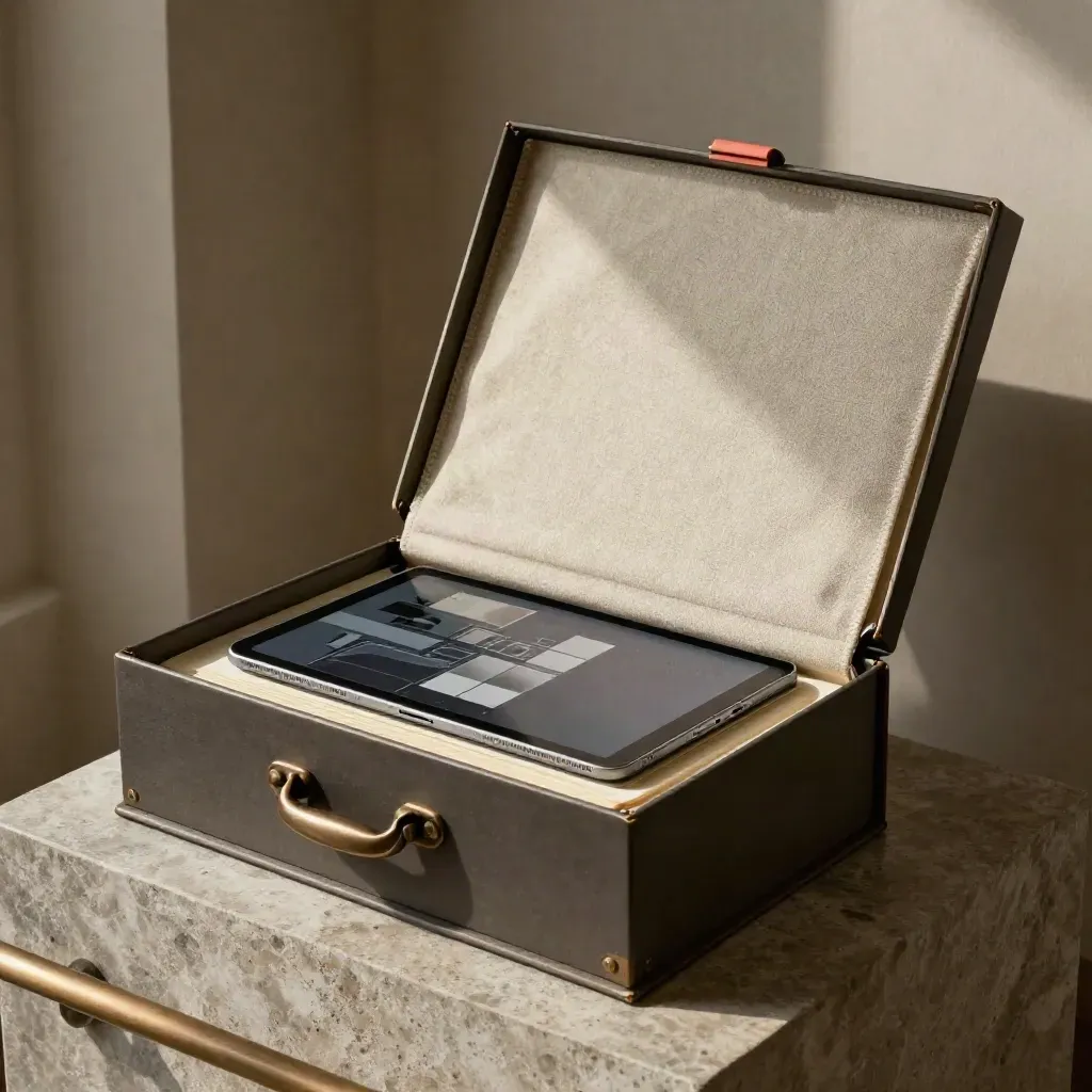 Open launch kit box with board, tablet mockup and deck sleeve in dramatic studio light.