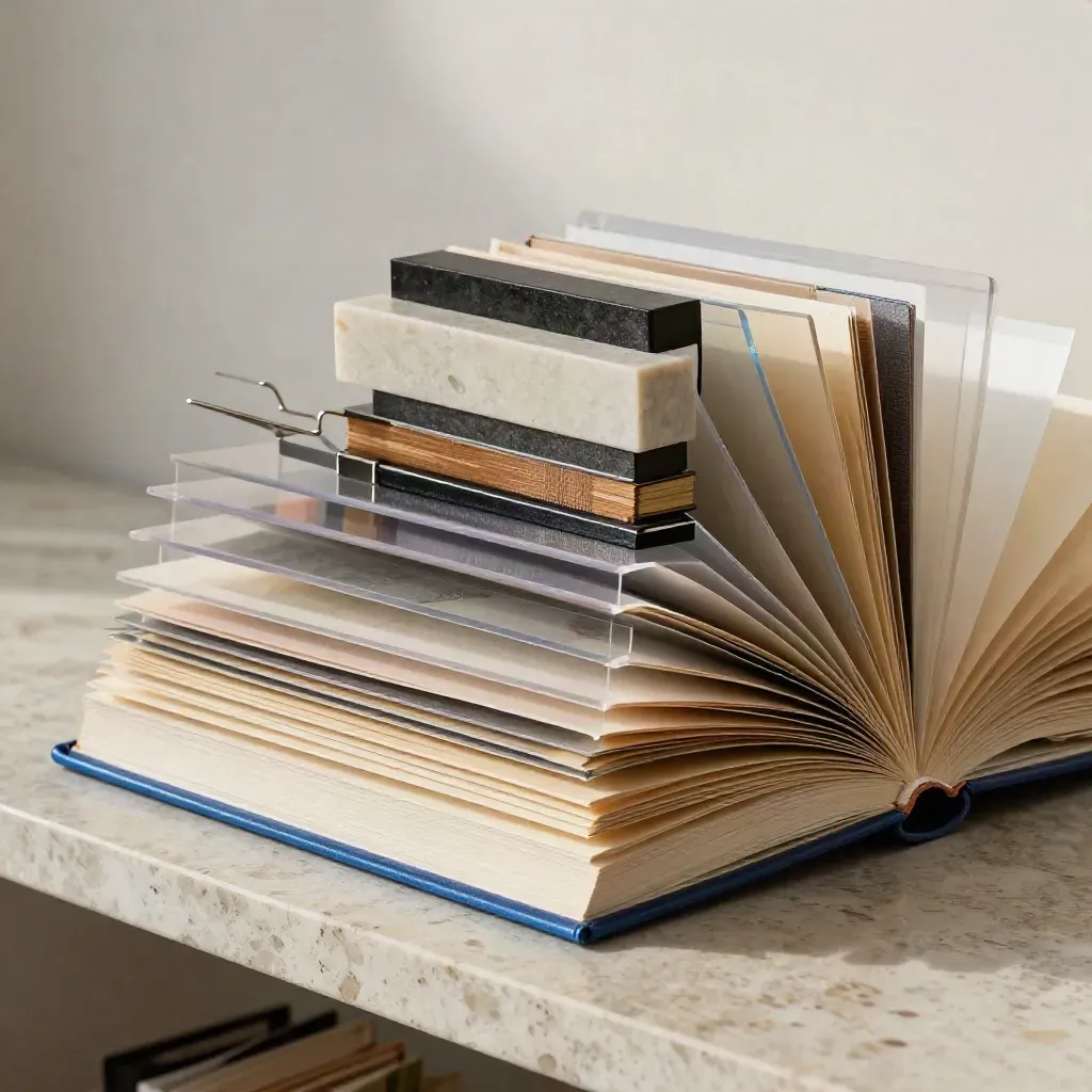 Macro stack of swatch book, acetate overlays, mini art books, lacquer blocks, and clips on travertine.