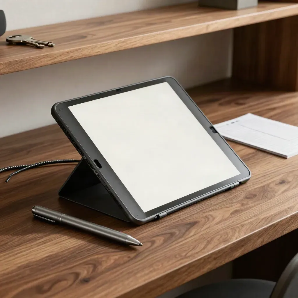 Web designer tools on walnut wood: tablet stand, stylus, cable braid, bezel mockup, folded grid card.