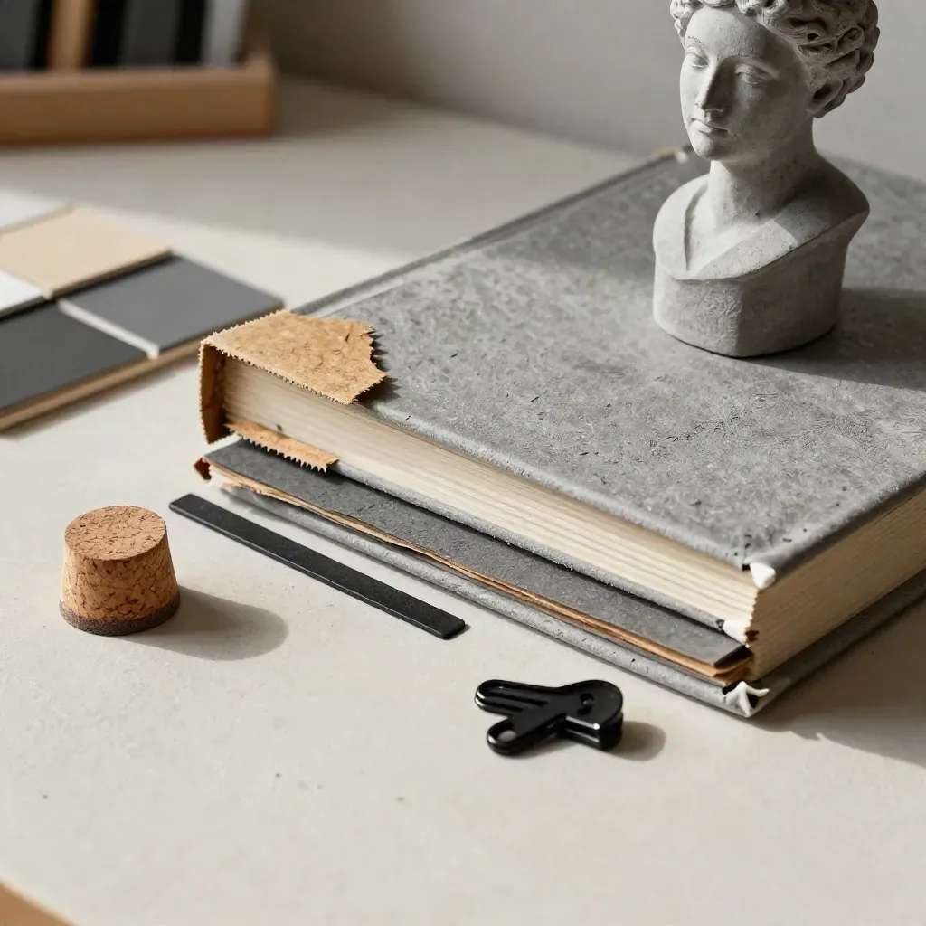 Foamcore corners, cork samples and material chips arranged on a studio workbench.