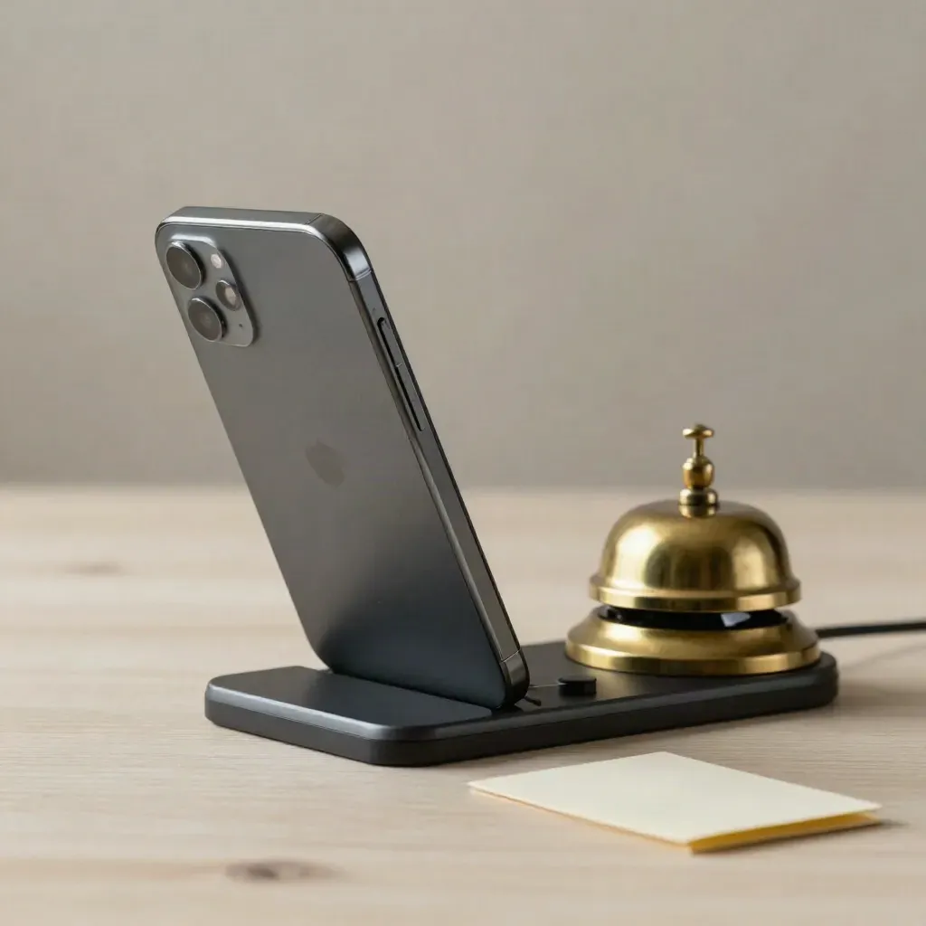 Phone cradle, lit handset edge, brass bell, and charging dock on pale wood.