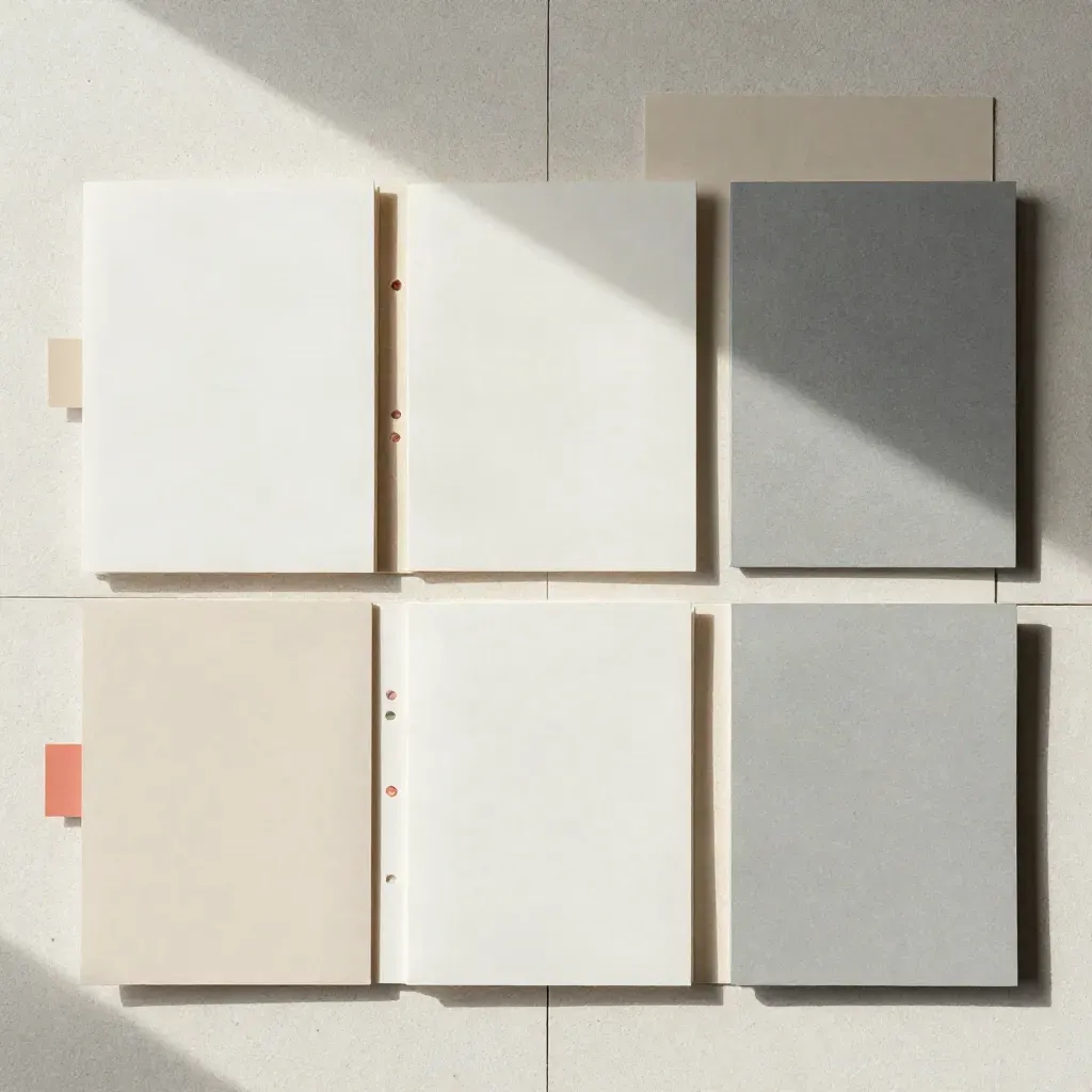 Overhead flatlay of tabbed sleeves, dividers, and sample chips on pale stone.