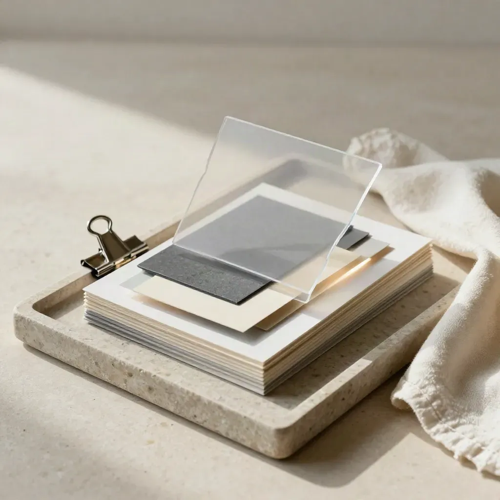 Acetate overlays, paper shapes, swatches, and a clamp on a stone tray in soft light