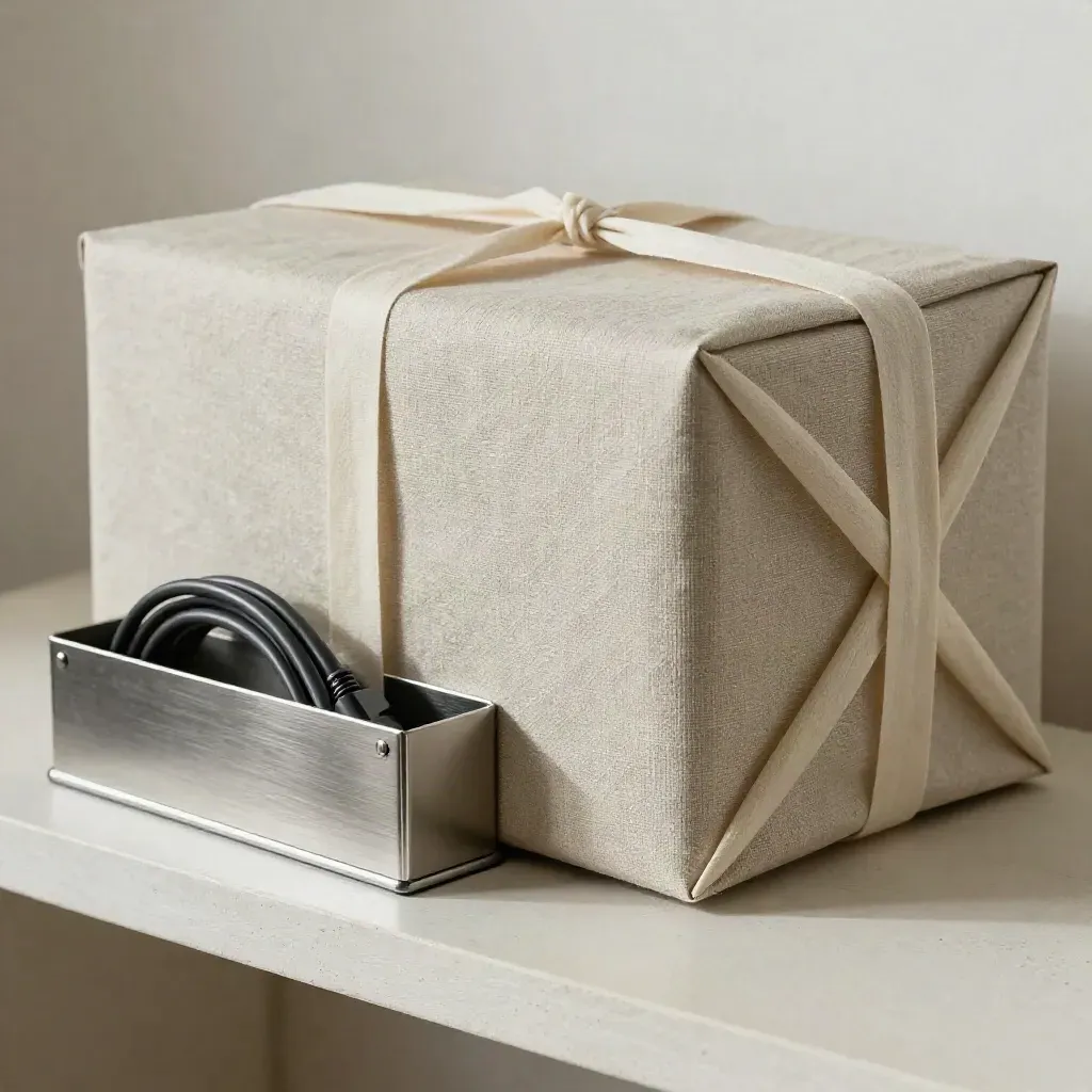 Linen-wrapped box with metal file drive and coiled cable on a pale shelf