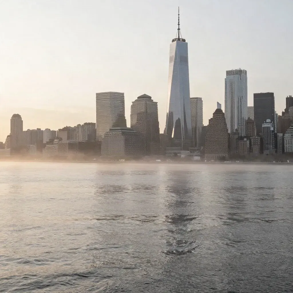 Lower Manhattan skyline over a misty Hudson River at dawn