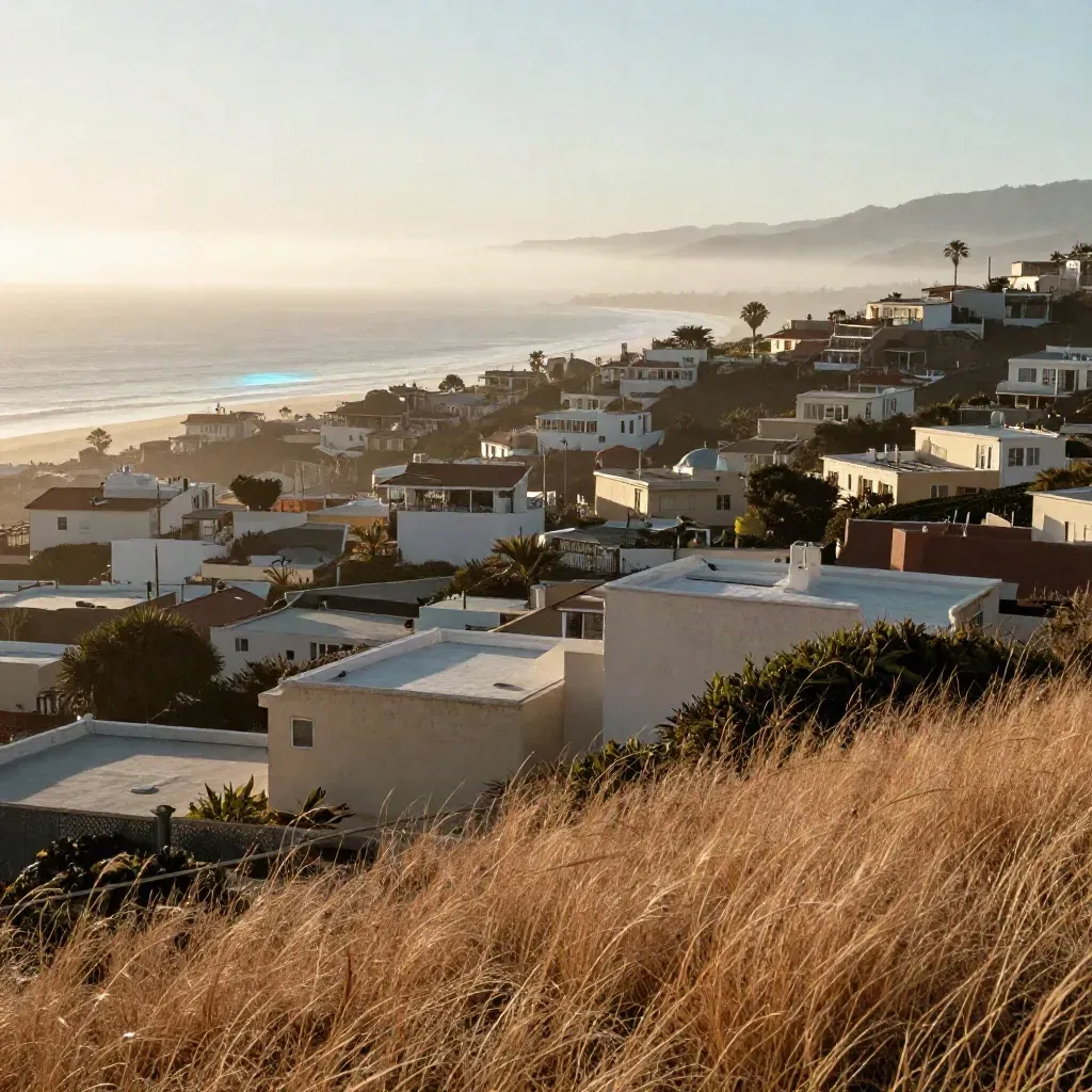 Golden West Coast bluff above a hazy coastal city and pale ocean at sunrise.