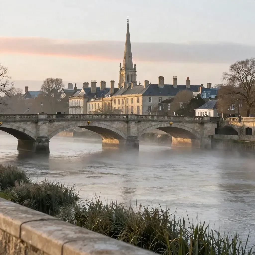 Misty UK river skyline with stone bridges, rooflines and spires above a calm dawn river