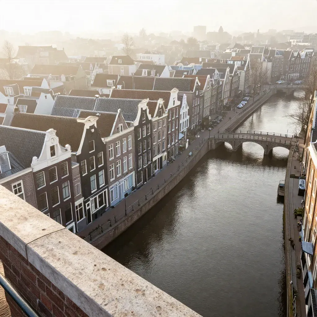 Misted Amsterdam canal-ring rooftops and bridges above calm reflective water at sunrise